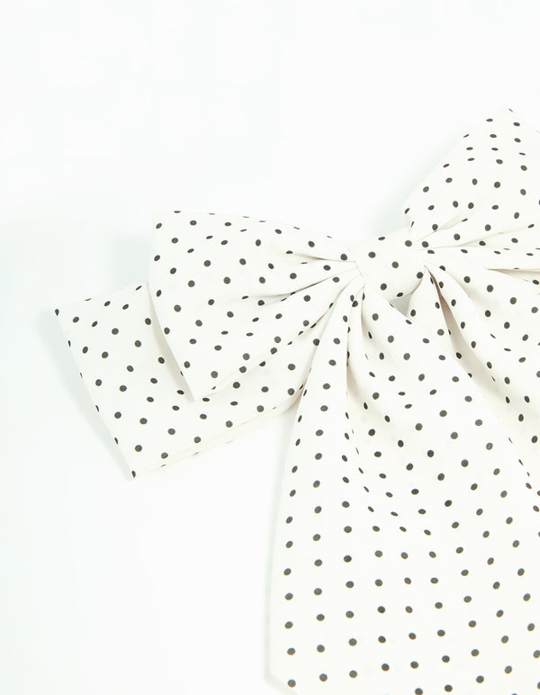 White Dotted Satin Fabric Bow Hair Clip