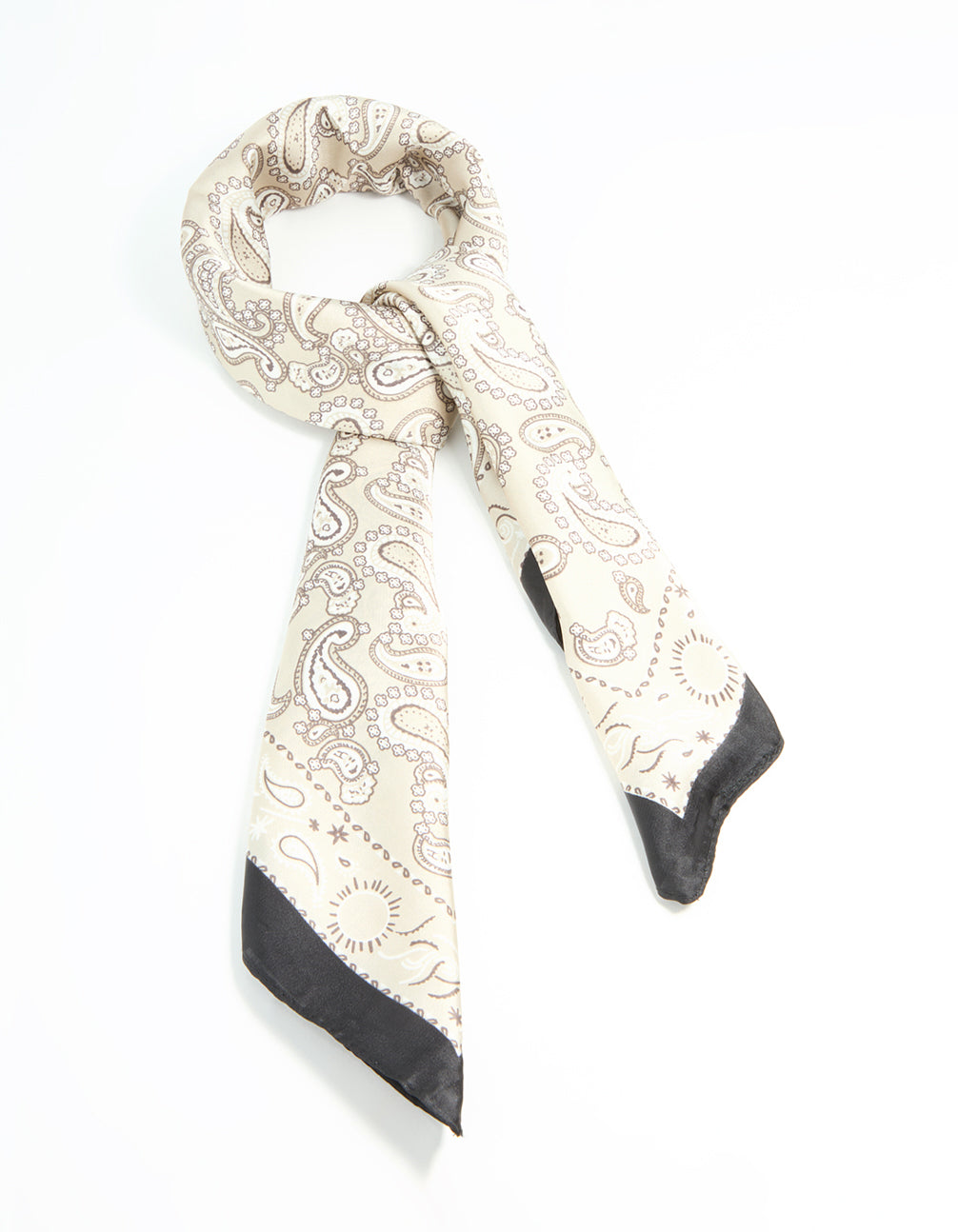 Showcasing a fabric scarf with paisley print in white, tan, and black front view