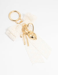 Lace Bow & Gold Heart Fabric Keychain - link has visual effect only