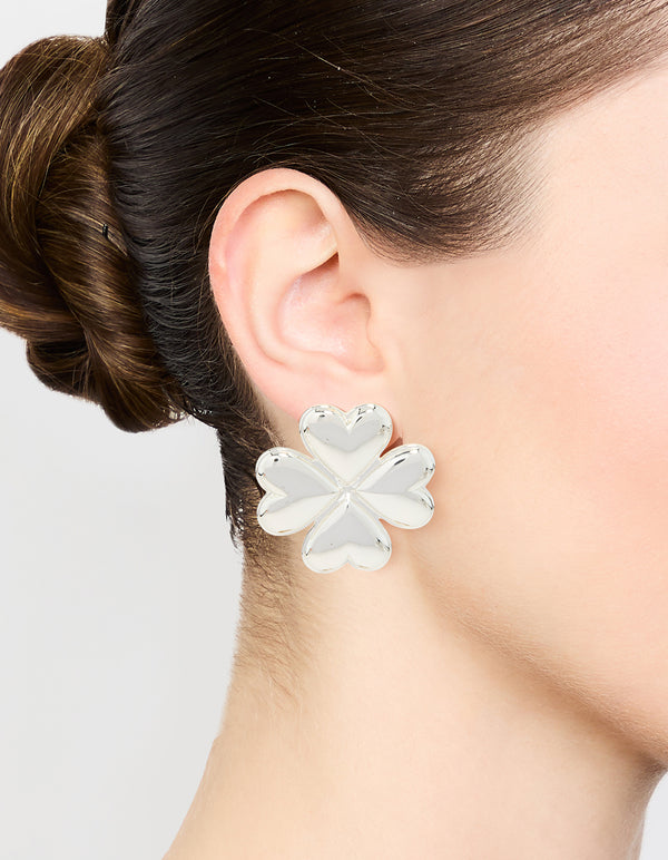 Silver Heart Flower Stud Earrings