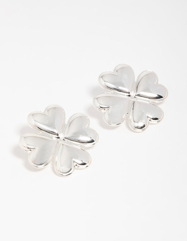 Silver Heart Flower Stud Earrings