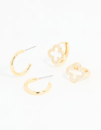 Gold Plated Cubic Zirconia Flower & Plain Huggie Earrings 2-Pack - link has visual effect only