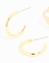 Gold Plated Cubic Zirconia Flower & Plain Huggie Earrings 2-Pack - link has visual effect only