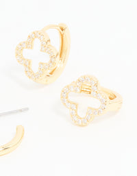 Gold Plated Cubic Zirconia Flower & Plain Huggie Earrings 2-Pack - link has visual effect only