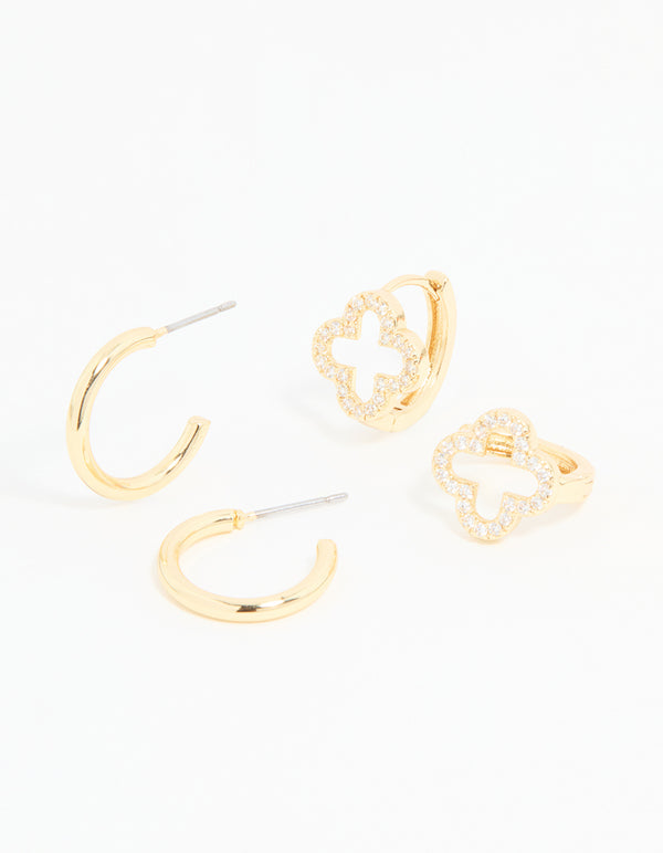 Gold Plated Cubic Zirconia Flower & Plain Huggie Earrings 2-Pack