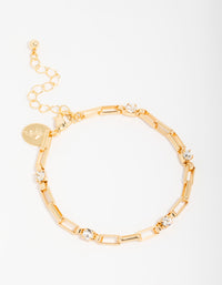 Gold Plated Cubic Zirconia Rectangle Open Link Bracelet - link has visual effect only