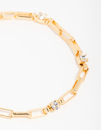 Gold Plated Cubic Zirconia Rectangle Open Link Bracelet - link has visual effect only