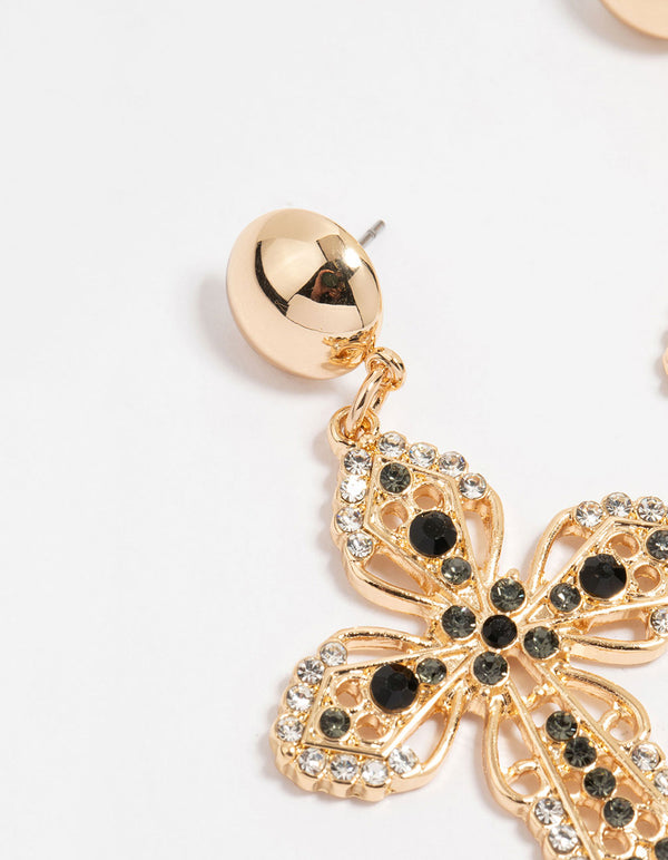 Gold Black Diamante Cross Drop Earrings