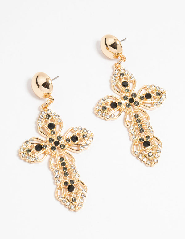 Gold Black Diamante Cross Drop Earrings
