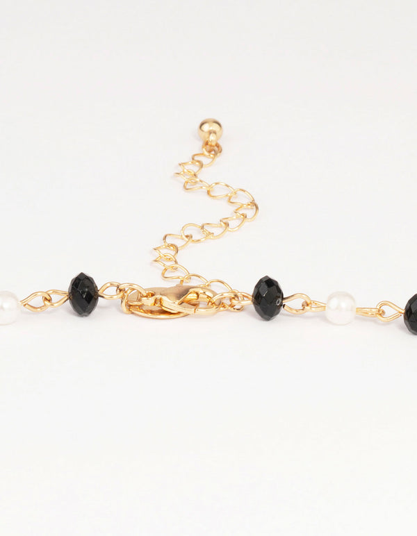 Gold & Black Beaded Cross Pendant Long Y-Necklace