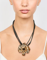 Gold Flower Fabric Black Cord Choker Necklace - link has visual effect only