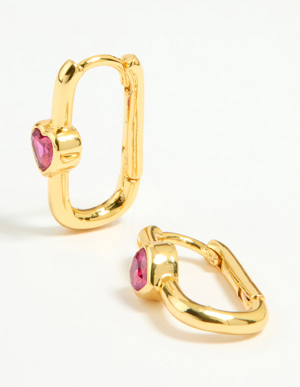 Gold Plated Pink Cubic Zirconia Heart Square Hoop Earrings