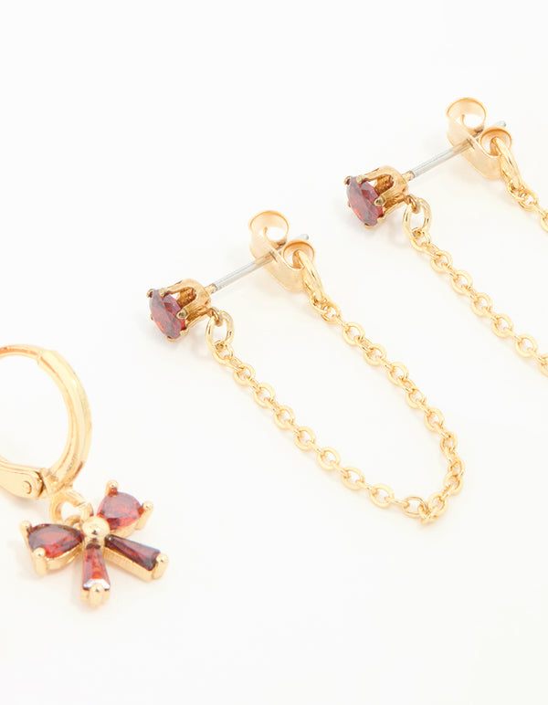 Gold Red Cubic Zirconia Bow Huggie Earrings 3-Pack