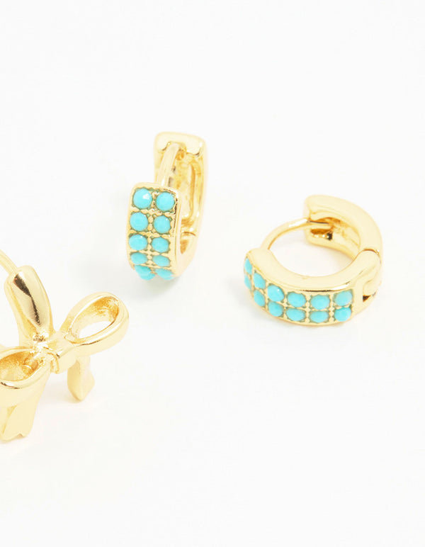 Gold Turquoise Bead & Bow Earrings 3-Pack