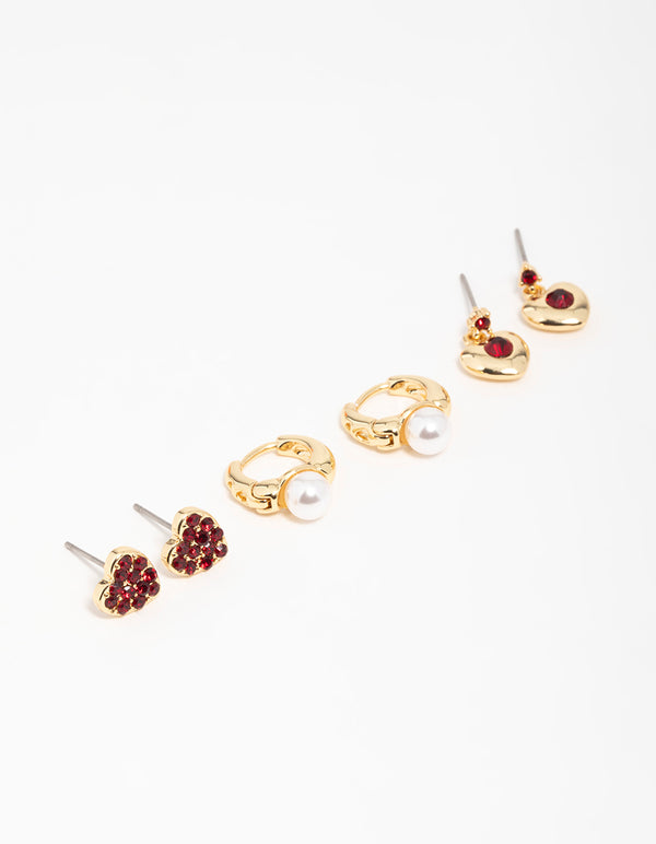 Gold  Chunky Heart Stud Earrings 3-Pack