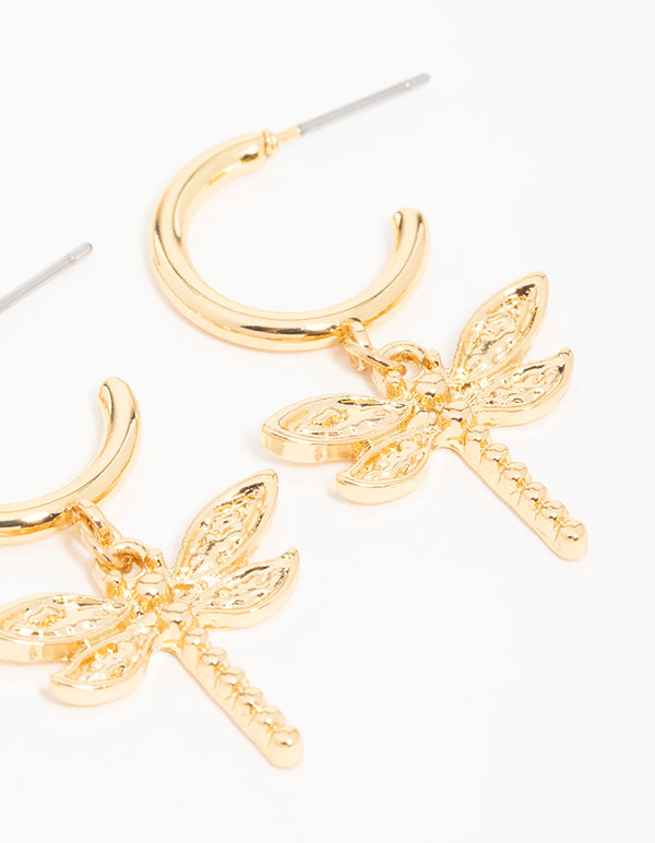Gold Dragonfly & Flower Drop Earrings 2-Pack