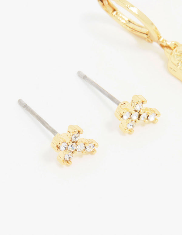 Gold Plated Cubic Zirconia Boot Earrings 3-Pack