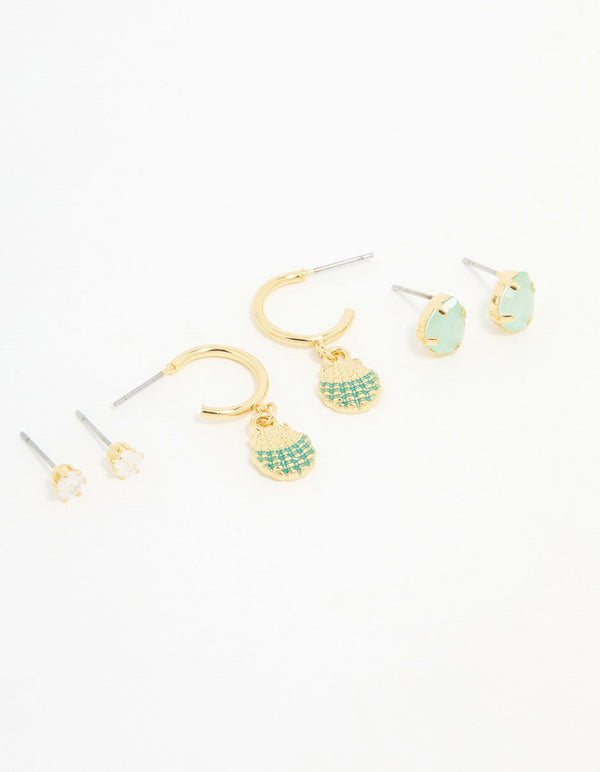 Gold Plated Cubic Zirconia Mermaid Earrings 3-Pack