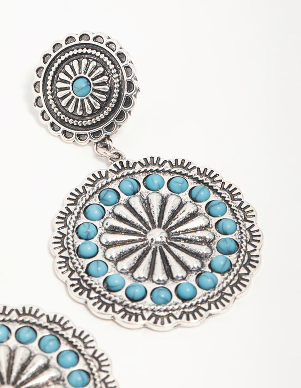 Antique Silver Turquoise Circle Drop Earrings