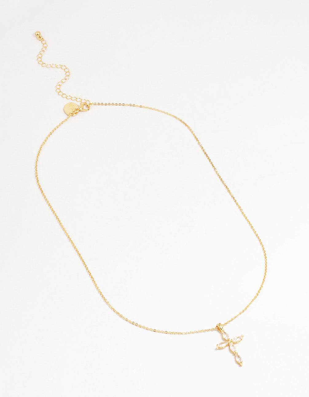 Gold Plated Brass Cubic Zirconia Marquise Cross Pendant Necklace