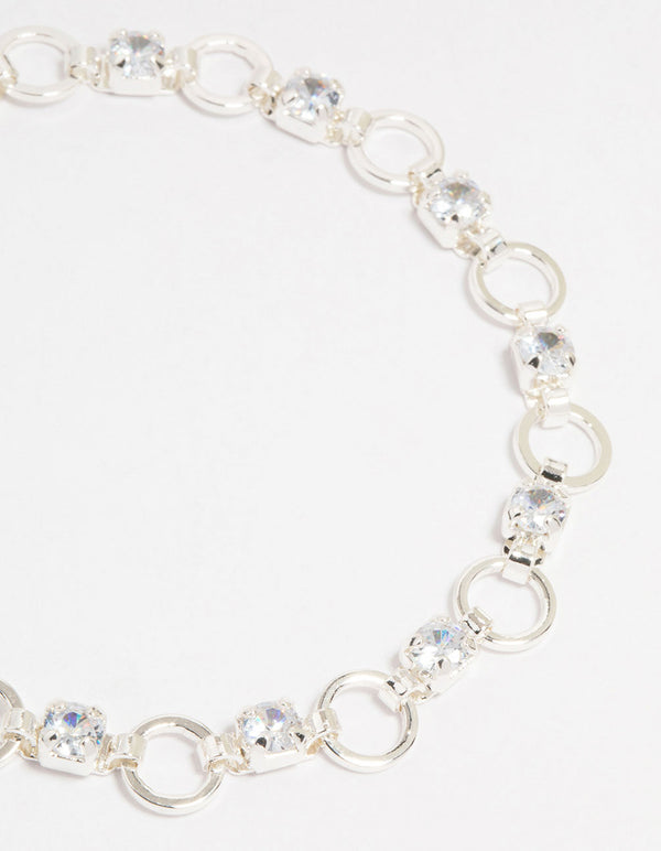 Silver Plated Brass Cubic Zirconia Alternating Link Bracelet