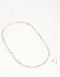 Silver Diamante Tennis Necklace & Earrings Set - link has visual effect only