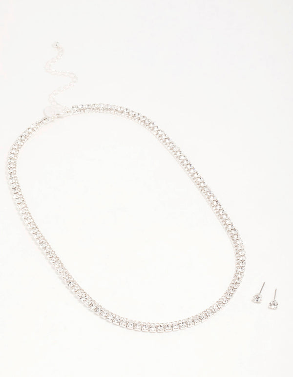 Silver Diamante Tennis Necklace & Earrings Set