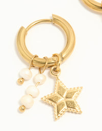Waterproof Gold Plated Stainless Steel Pearl Star Huggie Earrings - link has visual effect only