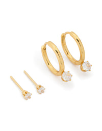 Waterproof Gold Plated Stainless Steel Mini Cubic Zirconia Earrings 2-Pack - link has visual effect only
