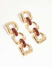 Gold Triple Chain Link Drop Earrings - link has visual effect only