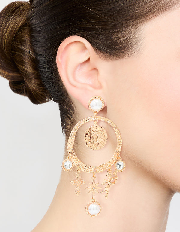 Gold Celestial Pearl Charm Drop Earrings