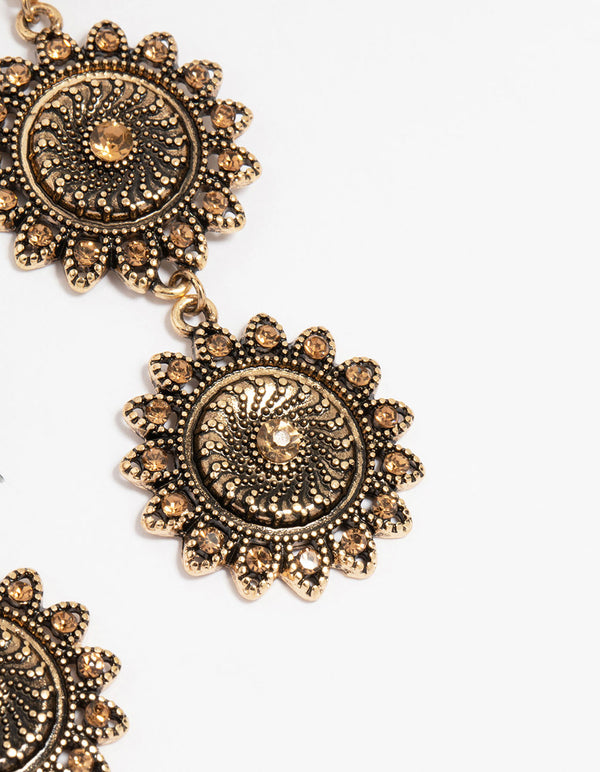 Antique Gold Triple Tier Boho Drop Earrings