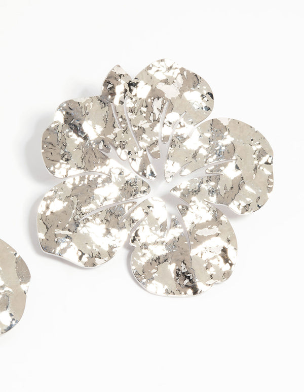Silver Hammered Hibiscus Stud Earrings