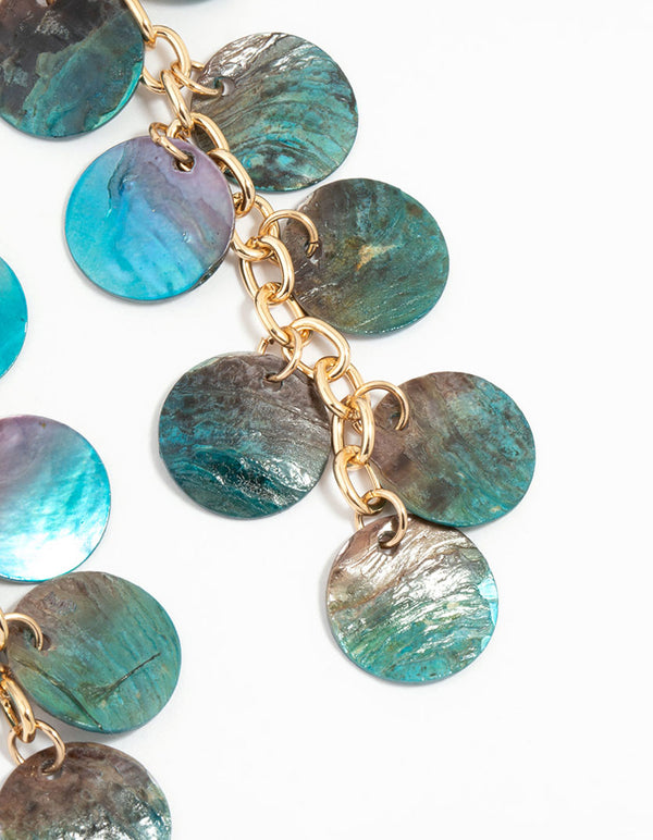 Gold Blue Genuine Shell Disc Chain Drop Earrings