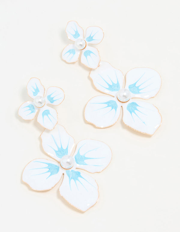 White & Blue Coated Metal Flower Drop Earrings