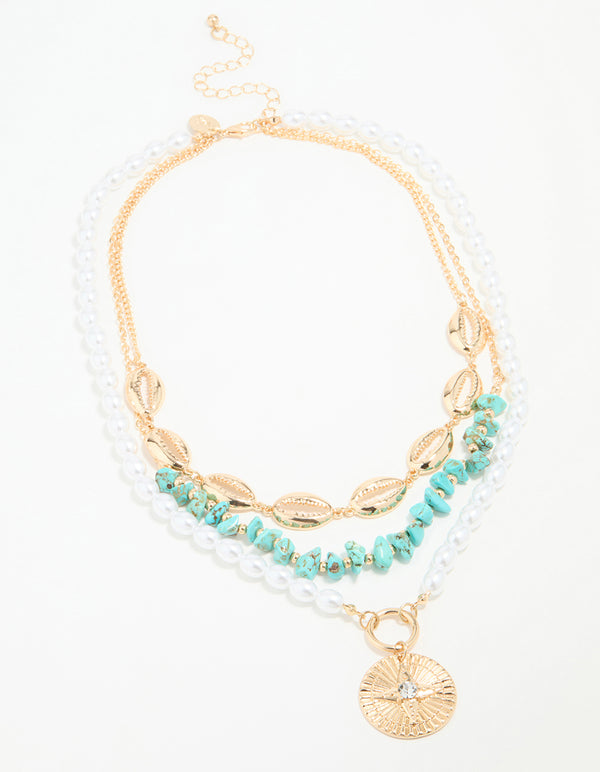 Gold Pearl & Turquoise Stone Layered Necklace