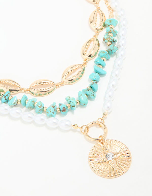 Gold Pearl & Turquoise Stone Layered Necklace