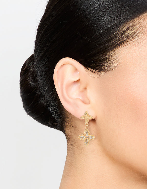 Gold Diamante Double Flower Drop Earrings