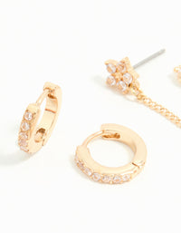 Gold Cubic Zirconia Chain & Flower Huggie Earrings 2-Pack - link has visual effect only