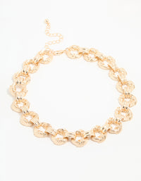 Gold Ribbed Knotted Link Necklace - link has visual effect only
