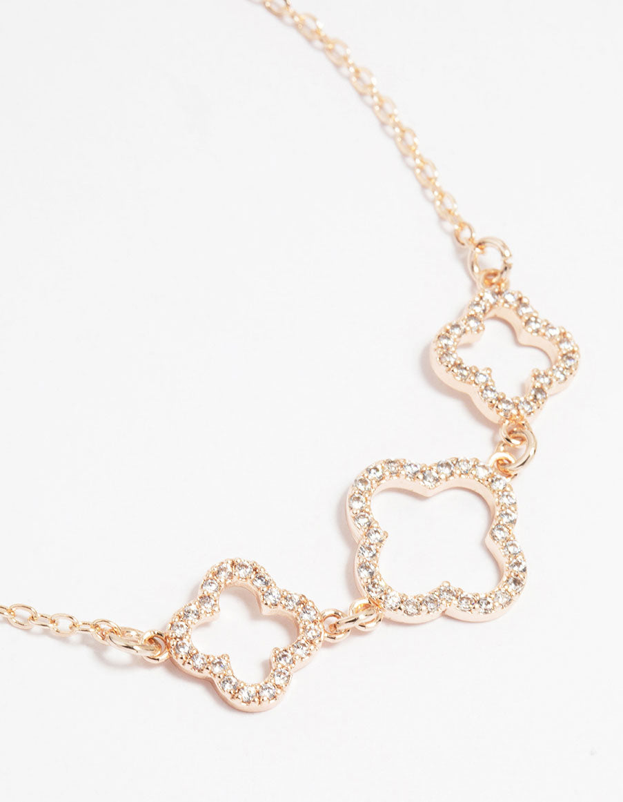 Rose Gold Plated Cubic Zirconia Outline Flower Trio Toggle Bracelet