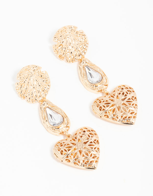 Gold Shell Diamante Etched Heart Locket Drop Earrings