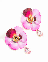 Gold Pink Coated Metal Diamante Flower Drop Earrings - link has visual effect only