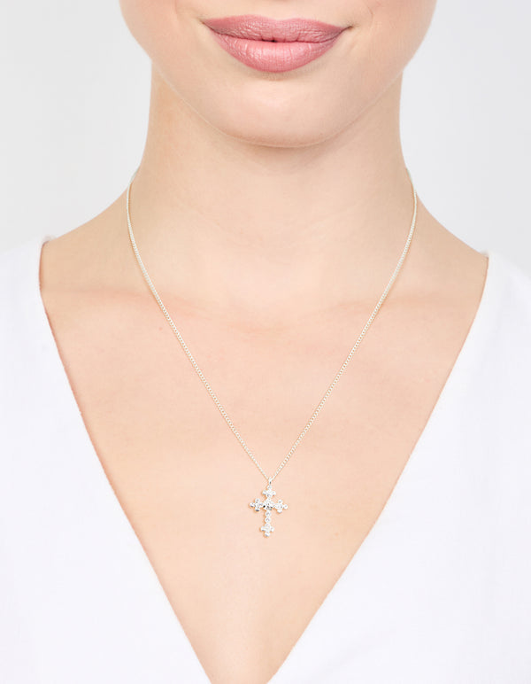 Silver Plated Diamante Rose Cross Pendant Necklace