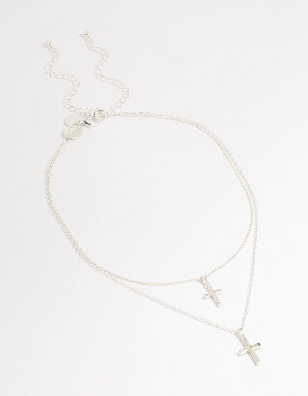 Silver Plated Cubic Zirconia & Plain Cross Layered Necklace