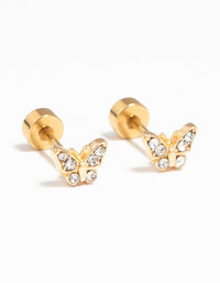 Kids Gold Plated Surgical Steel Diamante Butterfly Flat Back Earrings - link has visual effect only