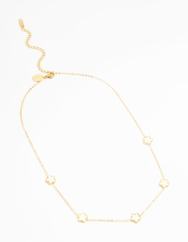 Showcasing a waterproof gold plated stainless steel shell petal flower pendant necklace featuring floral in dainty style close up view