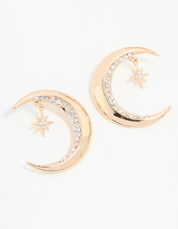 Antique Gold Diamante Celestial Moon Drop Earrings