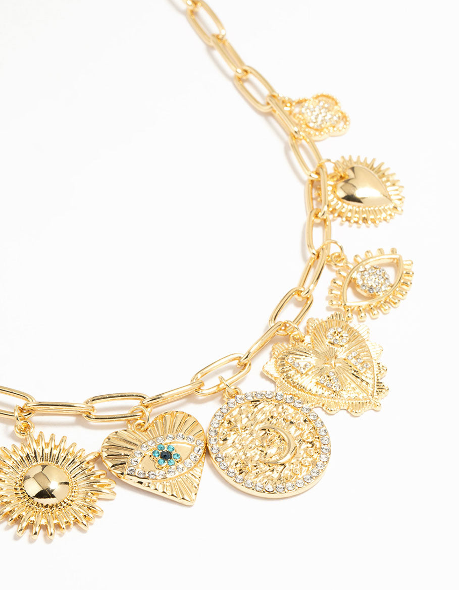 Gold Plated Evil Eye & Sun Charm Pendant Necklace