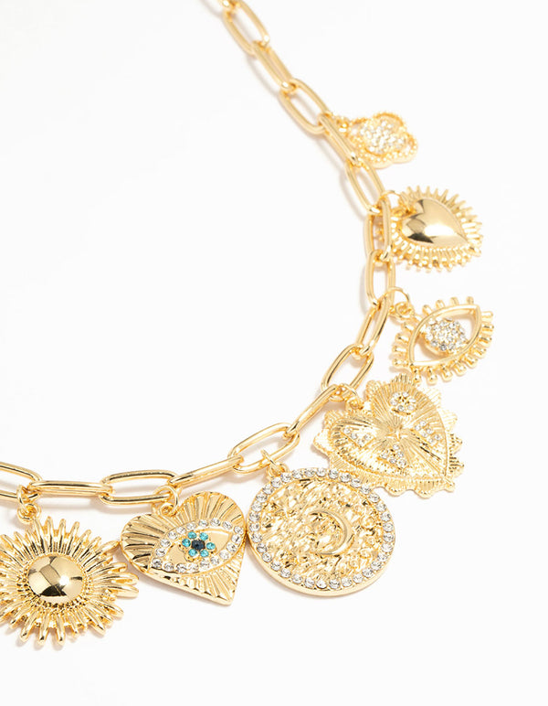 Gold Plated Evil Eye & Sun Charm Pendant Necklace